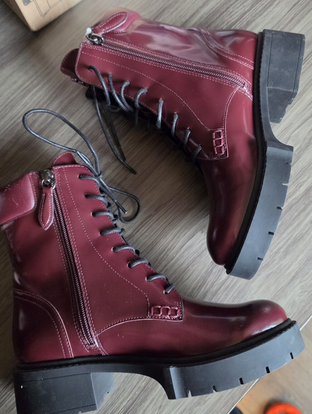 Coach "Leighton" Lace-Up Combat Boots In Merlot with Black Lug Sole Sz 5.5 NWOT